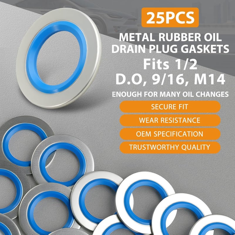 DEEFILL 25PCS Blue Metal/Rubber Drain Plug Gasket, Fits 1/2Do, 9/16, M14 Replace 097-025, 65269, 097-828CD, E0FZ-6734-A, E3DZ-6734-A, E9DZ-6734-B, F3DZ-6734-A, F77Z-6734-AB, ZZL0-10-403A (24.7x13.5mm) - Image 3